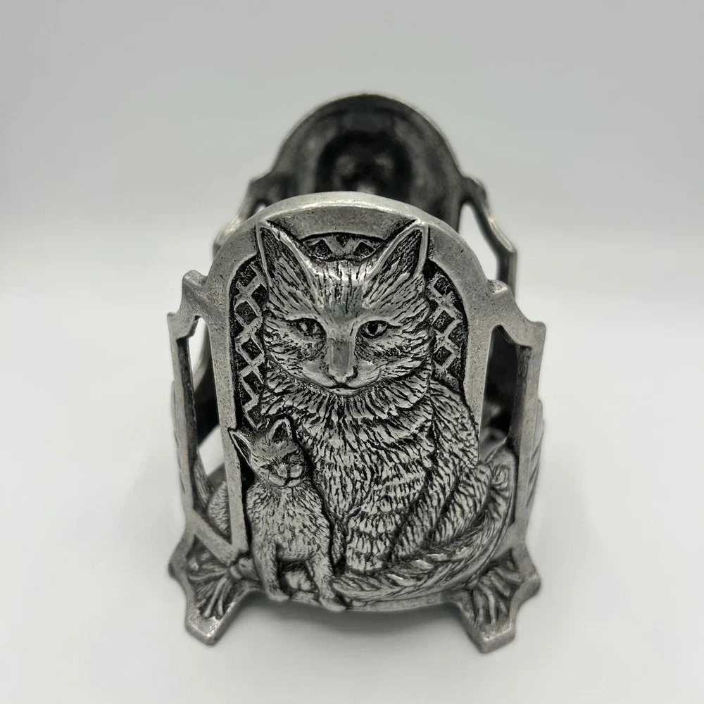 Vintage Carson 1998 Cat and Kitten Pewter Metal Candle Holder Jar Sleeve